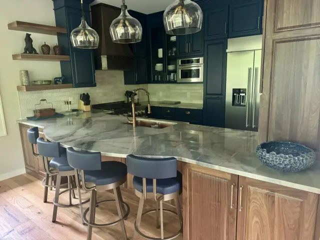 Ijen Blue quartzite kitchen island in a completed StoneOne kitchen.