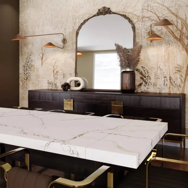 White veined quartz dining table in a finished interior.