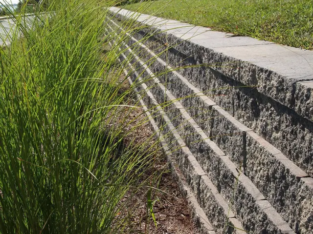 Stone retaining wall and steps in a residential landscape.