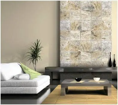 Stone tile fireplace surround.