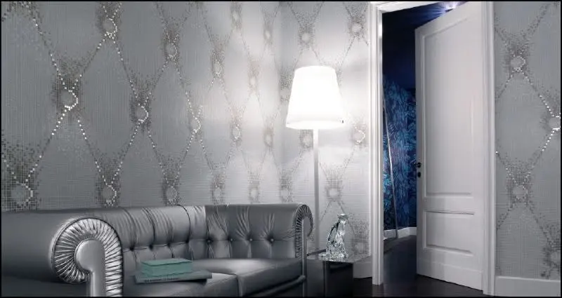 Gray tile feature wall in a finished interior.