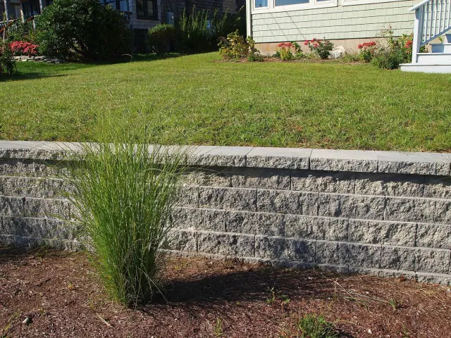 Curved stone entry step at a home.